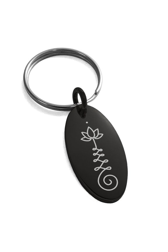 Stainless Steel Sacred Lotus Unalome Engraved Small Oval Charm Keychain Keyring