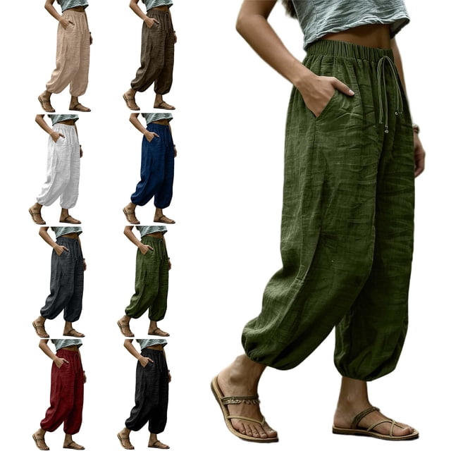 Yourumao Joggeurs en Lin pour Femmes Pantalons Courts à Cordon Élastique Taille Ample Bas Resserré Pantalons de Sport