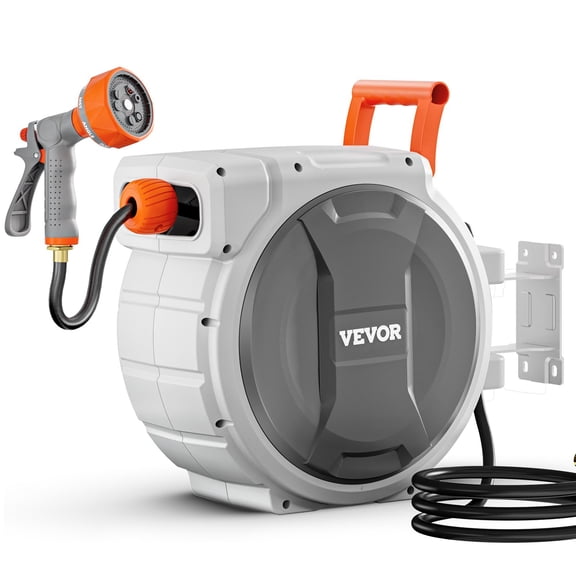 VEVOR Retractable Garden Hose Reel, 1/2 Inch x 145 ft Wall Mounted Hose Reel, Heavy Duty Garden Hose Reel with 9 Patterns Nozzle, Any Length Lock, Upgraded Slow Return System and 180 ° Swivel Bracket