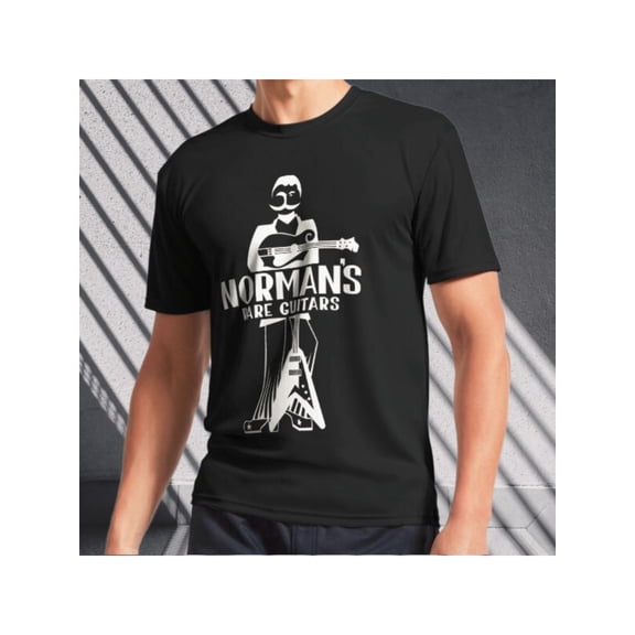 Men's Norman's Rare Guitars Graphic T-Shirt - Black Cotton, Playful Design with Geometric Patterns, Crew Neck, Sizes S to 3XL, Machine Washable