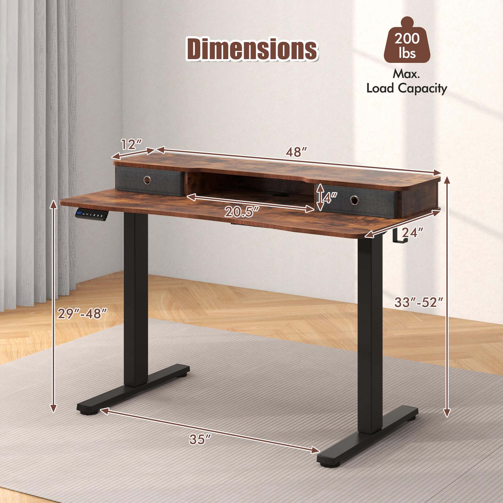 Costway 48"x 24" Electric Standing Desk with 2 Drawers Monitor Stand Storage Shelf Brown