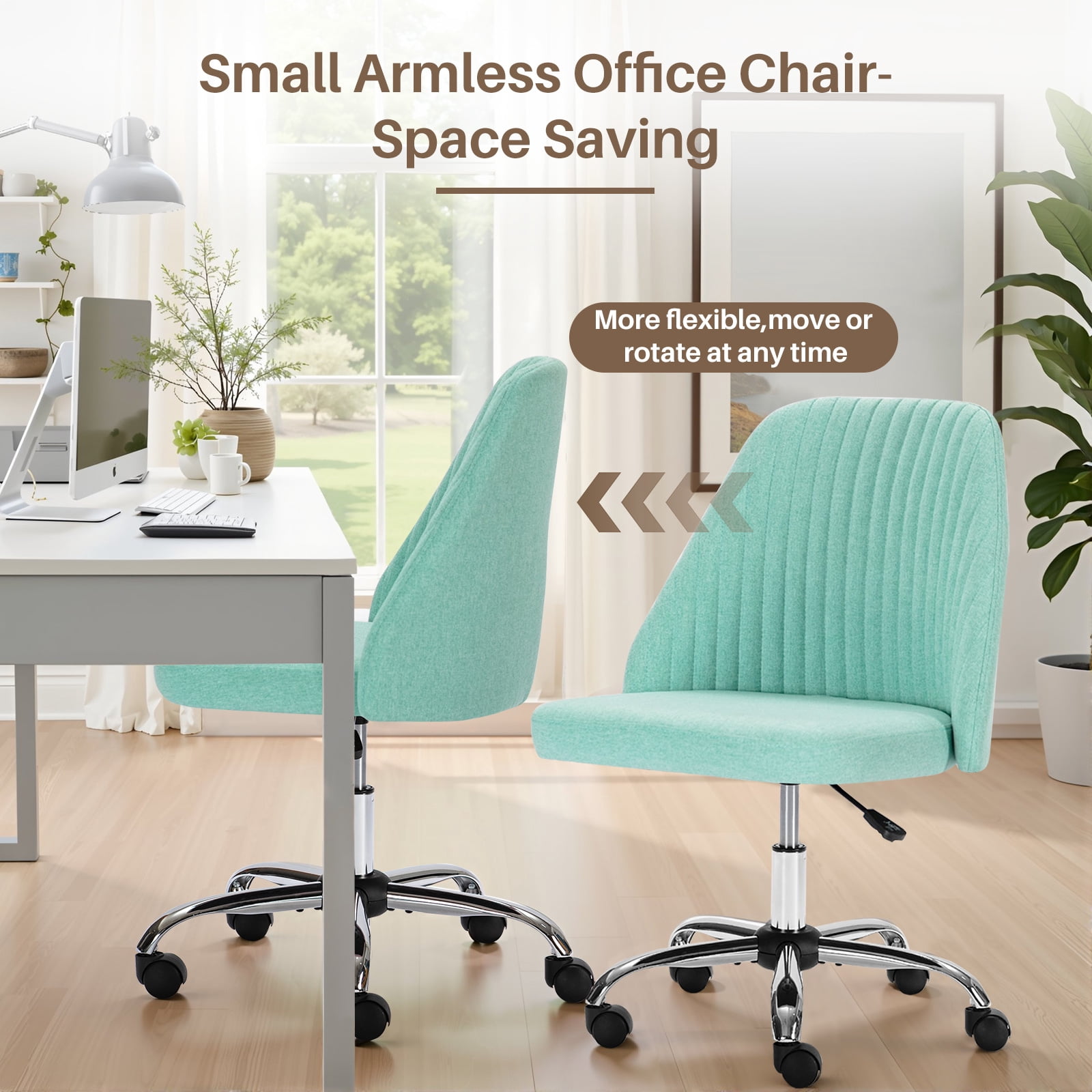 Colorful Linen Desk Chair, Comfy Thick Seat with Swivel Wheels, Armless Task Chair, Green