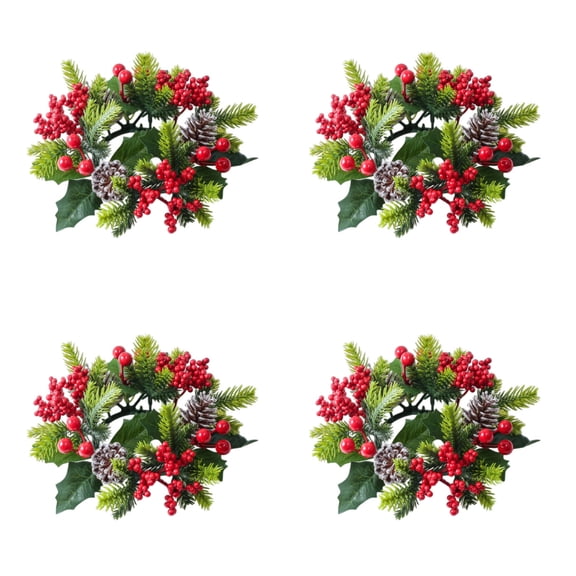4 Pcs Christmas Candle Rings Wreath Decorations Artificial Red Berry Pinecones Candlestick Garland Candle Ring Wreaths Candle Ring Holder for Christmas Wedding Home Table Centerpiece Party Supplies