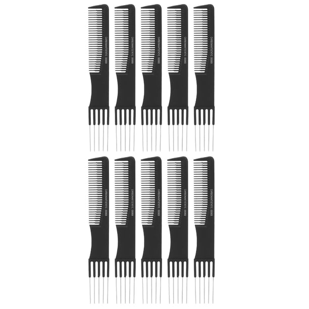 10 peines de carbono con puntas de metal para peluquería, color negro