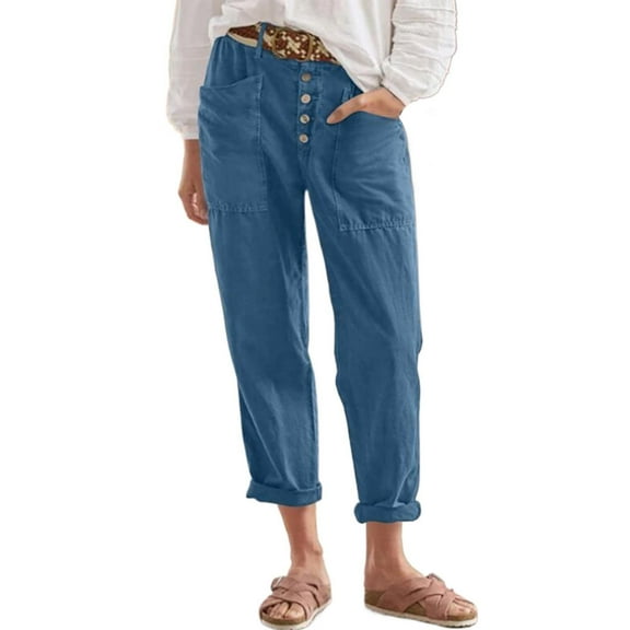 Charmgo Womens Capris for Summer, Women's Fashion Stretchy High Waisted Straight Wide Leg Pants Cotton Loose Casual Pants with Pockets Cargo Pants Women Joggers for Women, Work Pants Women Blue L