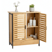 Danrelax 24" Bamboo Pedestal Under Sink Storage Vanity Cabinet, Solid Waterproof Sliding Door Bathroom Organizer with Adjustable Shelf, Modern Bathroom Furniture(for Floor Drain)