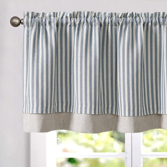 Linen Striped Valance for Windows 18 Inch Blackout Drapes for Small Window Farmhouse Double Layer Valance for Living Room Kitchen RV Rod Pocket 1 Panel Blue on Linen