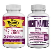 Nicotinamide 500mg with Resveratrol 100mg & Ultra Beauty Blend with Biotin Vitamins for Hair, Skin & Nails Supplements Bundle