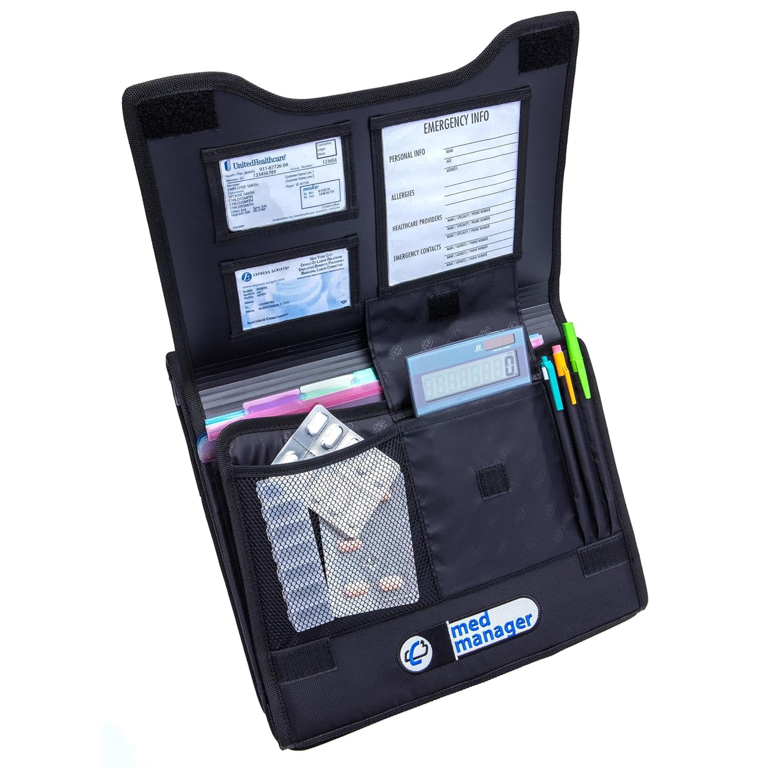 Med Manager Medicine Supply Organizer with Insulin Cooler Travel Case, Holds (15) Pill Bottles - (11) Standard Size and (4) Large Bottles, Black, 13 inches x 13 inches x 4.5 inches