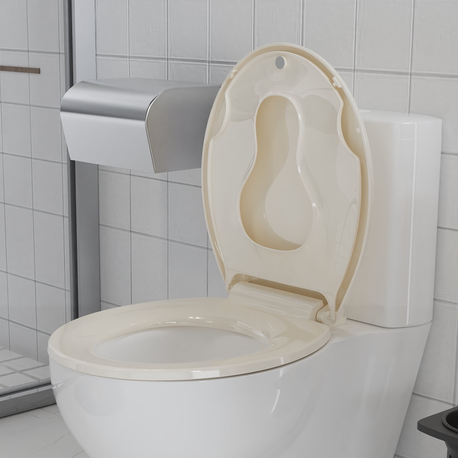 Toilet Seat with Toddler Potty Training Seat Built-In, for Both Child & Adult Seats, Potty Training Seat, No Wiggle and Easy to Install, 17" Round Detachable Toddler Seat for Longtime Usage, Almond