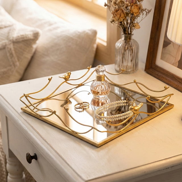 JZCHUNTOY Iron Bird Mirror Tray 1PC, Elegant Design, Durable Material, Great for Jewelry and Cosmetics Display