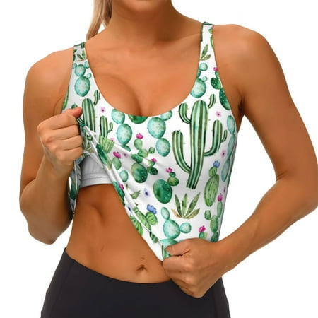 Qokaie Cactus Plants1 Pattern Womens Scoop Neck Sports Bra Breathable Workout Vest Padded U Back Medium Impact Fitness Gym Yoga Bra Workout Crop Top