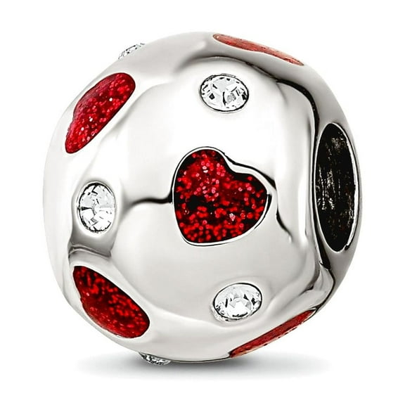 11.82mm 925 Sterling Silver Polished Reflections Red Enameled Crystal Love Hearts Bead Charm Pendant Necklace for Women