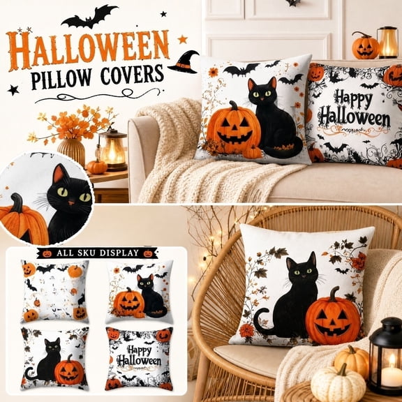 Vintage Halloween Decorations-Fall Throw Pillow Covers 18x18in Set of 4,Retro Boo Pillow Case with Pumpkins for Couch Fall Holiday Outdoor White Black Decor
