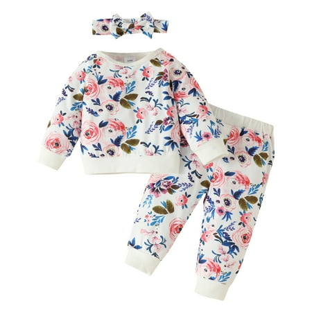 

Zlekejiko Baby Girls Clothes Romper Floral Print Ruffles Long Sleeve Pants Headbands Outfits Sweatshirt Clothing
