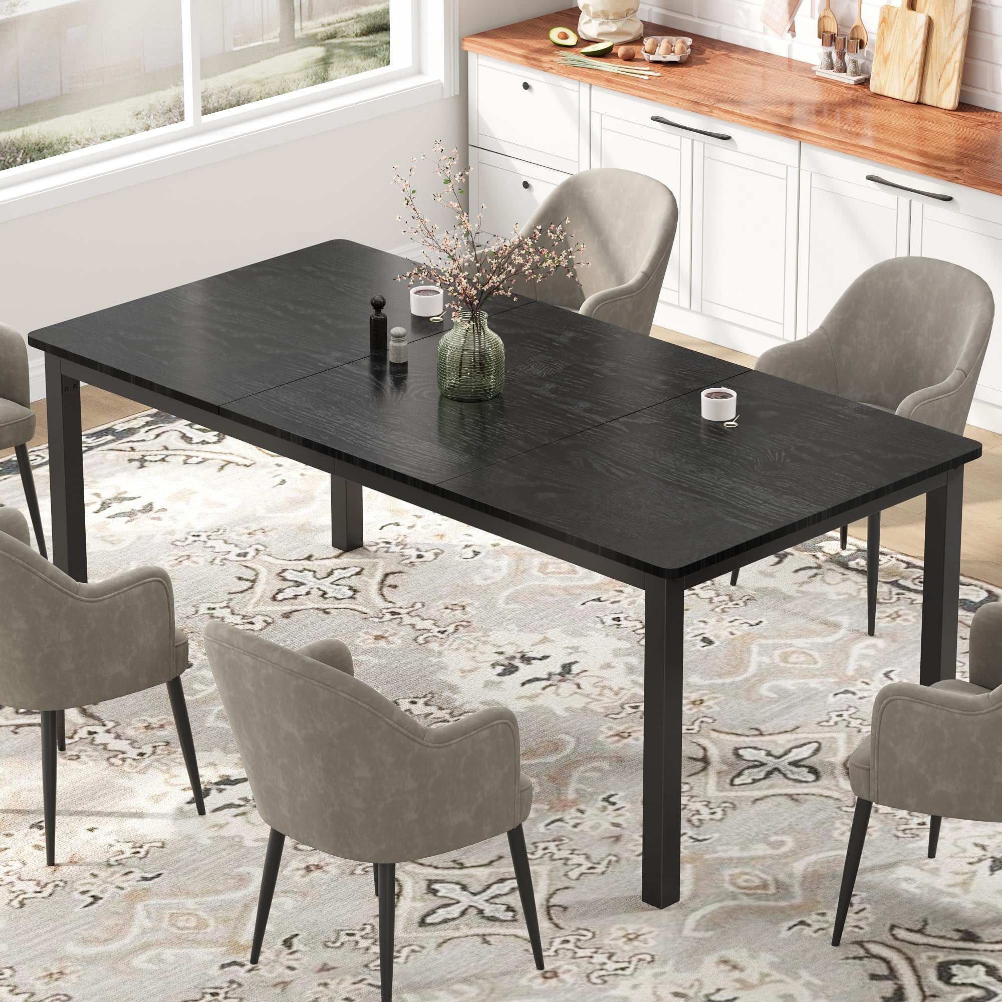 Yeshouse Long Industrial Dining Table, 71"/79" Sturdy Metal Frame Kitchen Table, Round Corner Design, Seats 6-8, Easy Assembly