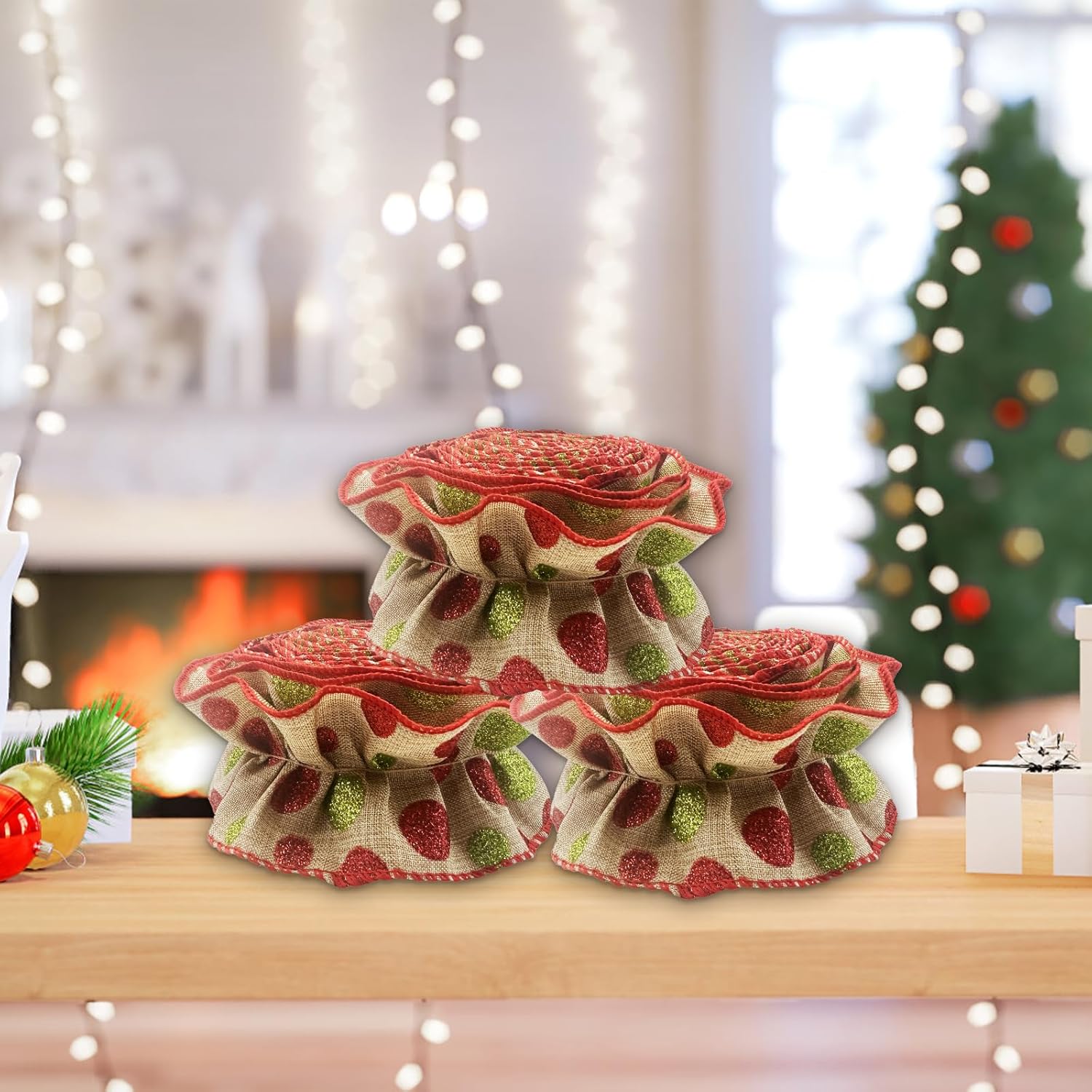 Dalrosia Christmas Tree Ribbon Garland Red and Green Polka Dot Ribbon Garland for Christmas Tree Burlap Ruffled Wired Ribbon Xmas Tree Garland Vintage Rustic Farmhouse Home Deco