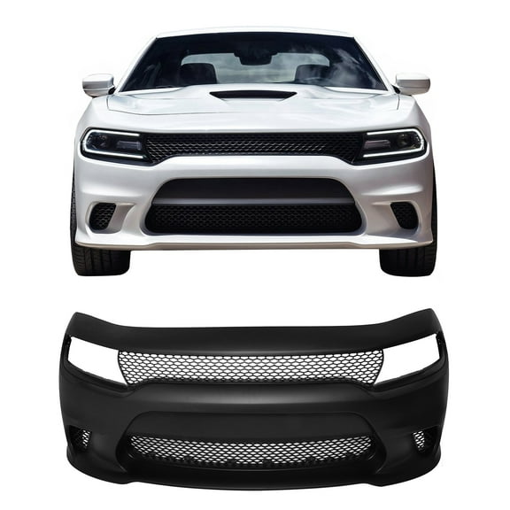 Ikon Motorsports Front Bumper Cover Compatible With 2015-2023 Dodge Charger, Unpainted 15 SRT Hellcat PP Front Fascia Support W/ Lower & Upper Grille   Fascia Applique   Fog Light Covers