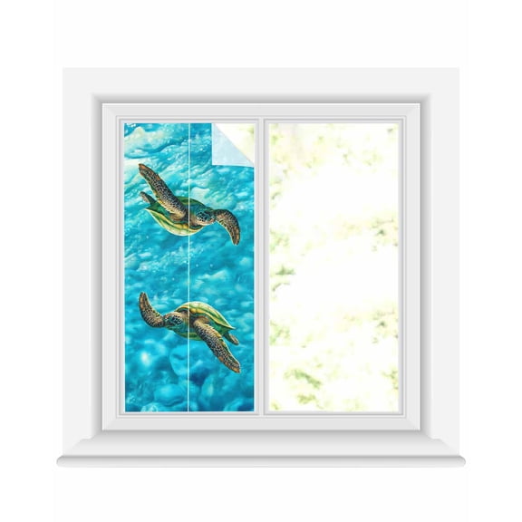 Window Privacy Film Blue Sea Turtle Coastal Stained Glass Window Film Decorative Sun Block Window Cover Nautical Summer Ocean Beach Window Clings Static Adhesive Sticker for Bathroom 17.7"x39.3"