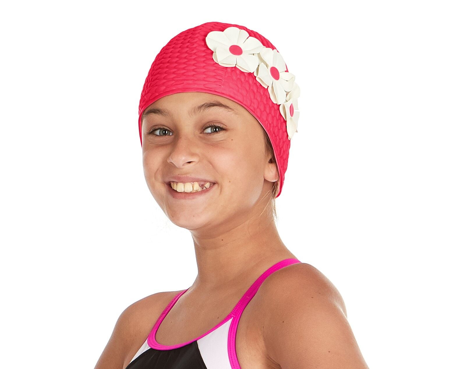 Beemo Kids girls Swim Caps Age 714 Latex 3 Flowers Pink with White