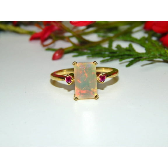 Genuine Ruby Round And Real Lab-Grown Fire Opal Occasion Shape Ring in 925 Sterling Silver ,Yellow Gold Plated for Women