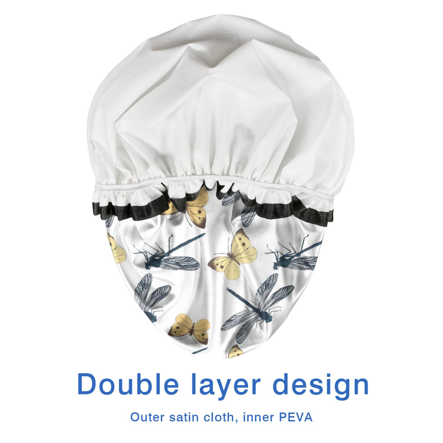 Shower Caps,White Butterfly Dragonfly Pattern Waterproof Shower Cap for Women 4 Pieces,Double Reusable Hair Cover for Shower PEVA Elastic Stretch Hem