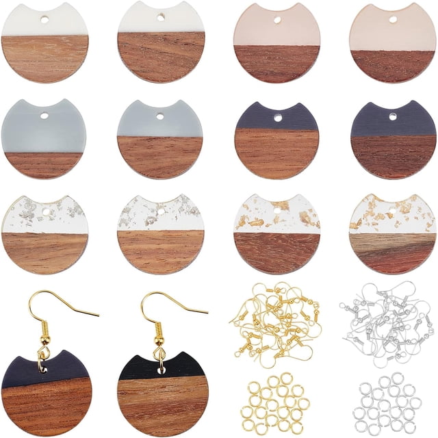 154Pcs Resin Wood Earring Pendants Flat Round Resin Wood Statement Mixed Color Dangle Earring Making Kits for Necklace and Earring Making - 7 Styles