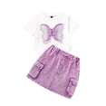 thumbnail image 2 of HOWPAY Girls 2 Piece Outfits Casual Short Sleeve Crew Neck Tees and Elastic Waist Skirts Tracksuit Graphic Soft Comfy Summer Clothes Set Purple, 2 of 7