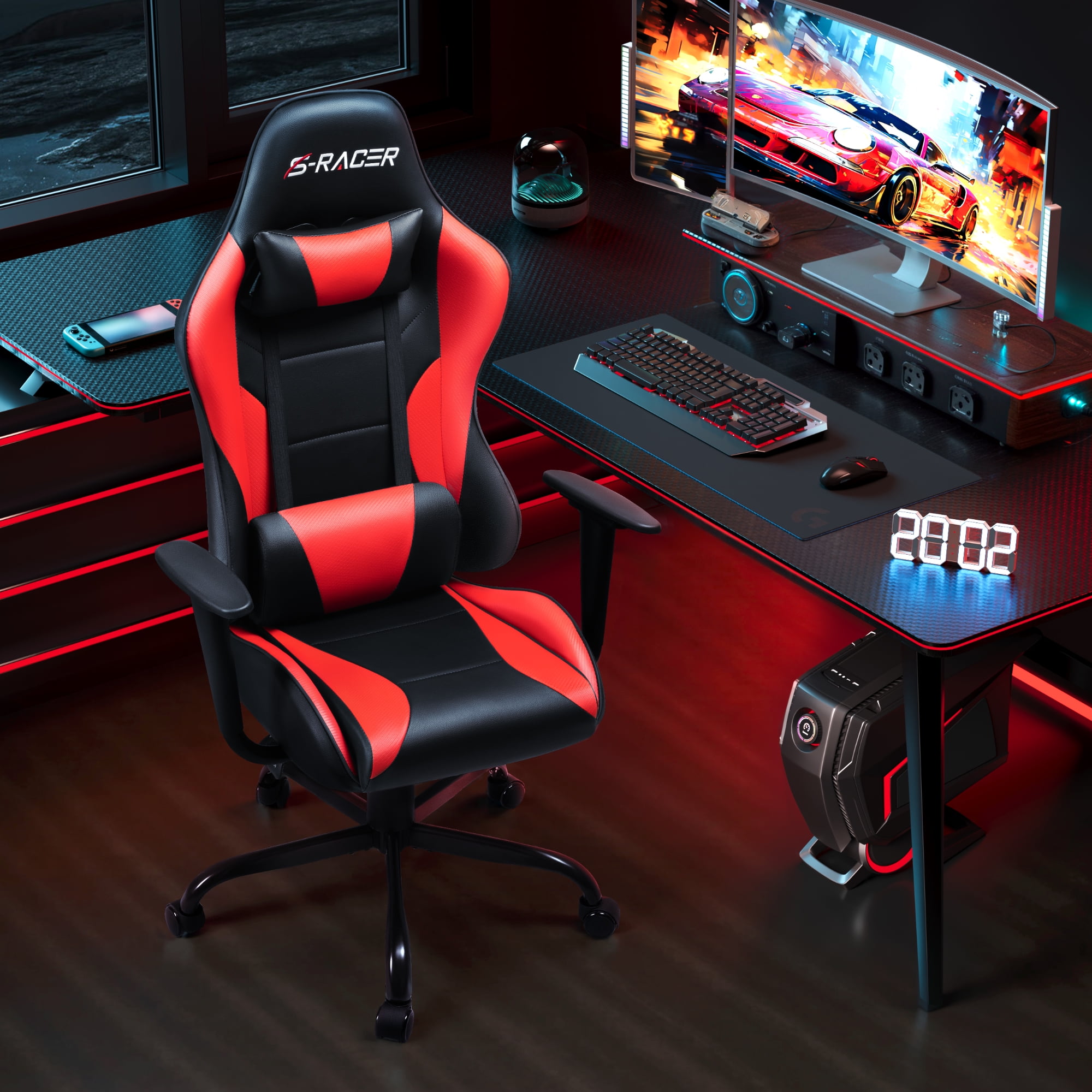 Homall Gaming Chair Office Chair High Back Racing Computer Chair PU Leather Adjustable Seat Height Swivel Chair Ergonomic Executive Chair with Headrest, Red