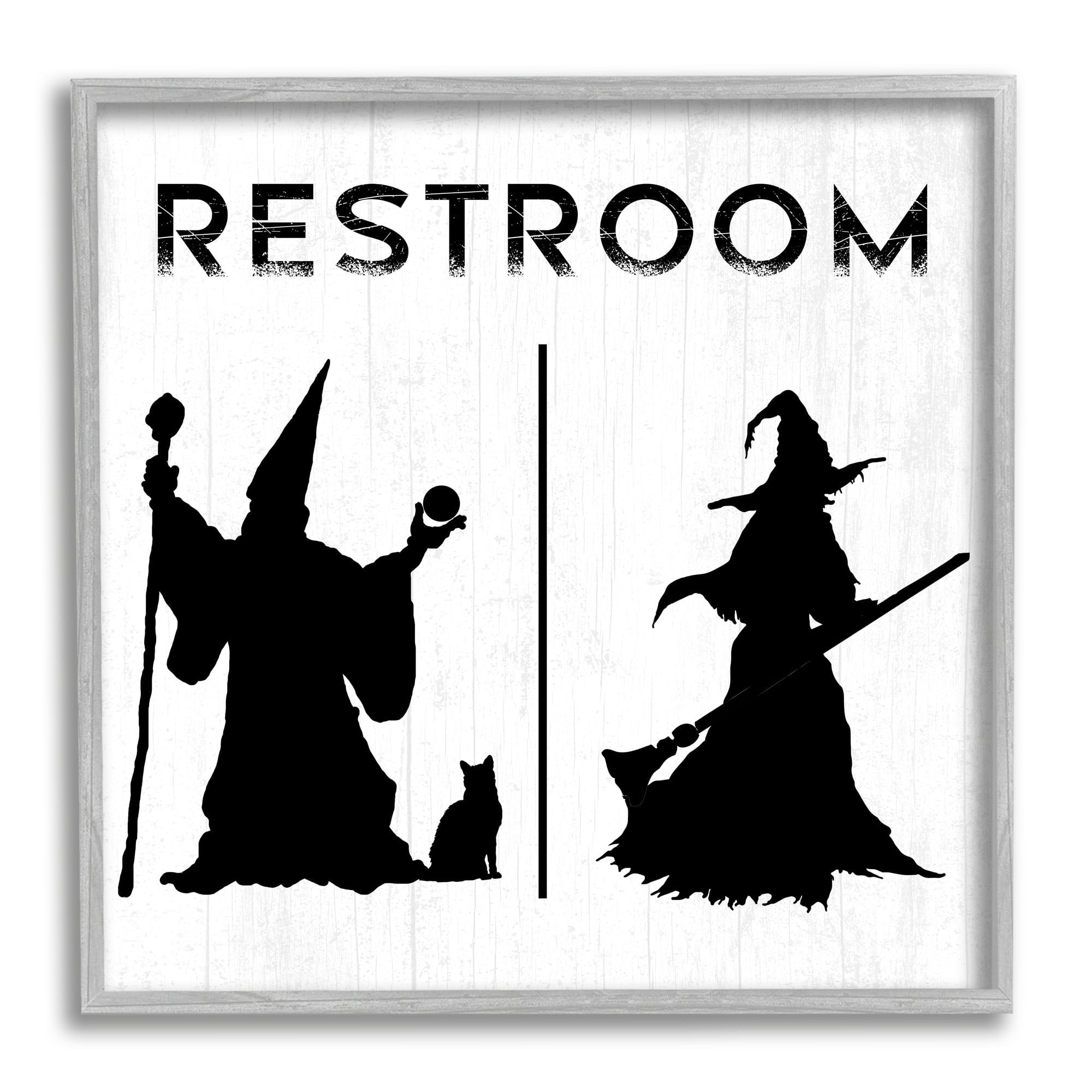 Stupell Industries Rustic Witch & Wizard Halloween Restroom Sign Graphic Art Gray Framed Art Print Wall Art, Design by Daphne Polselli
