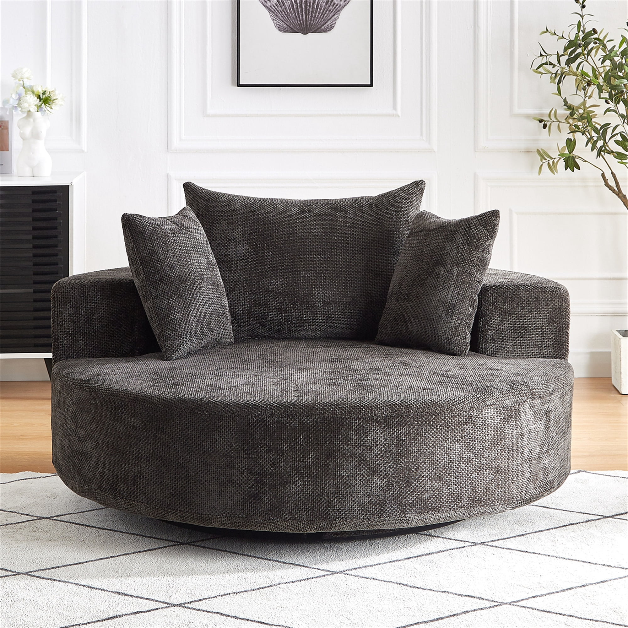 Aukfa 55 in Swivel Accent Chair, Oversized Round Cloud Sofa Chair for Living Room Bedroom, 3 Pillows, Chenille, Black