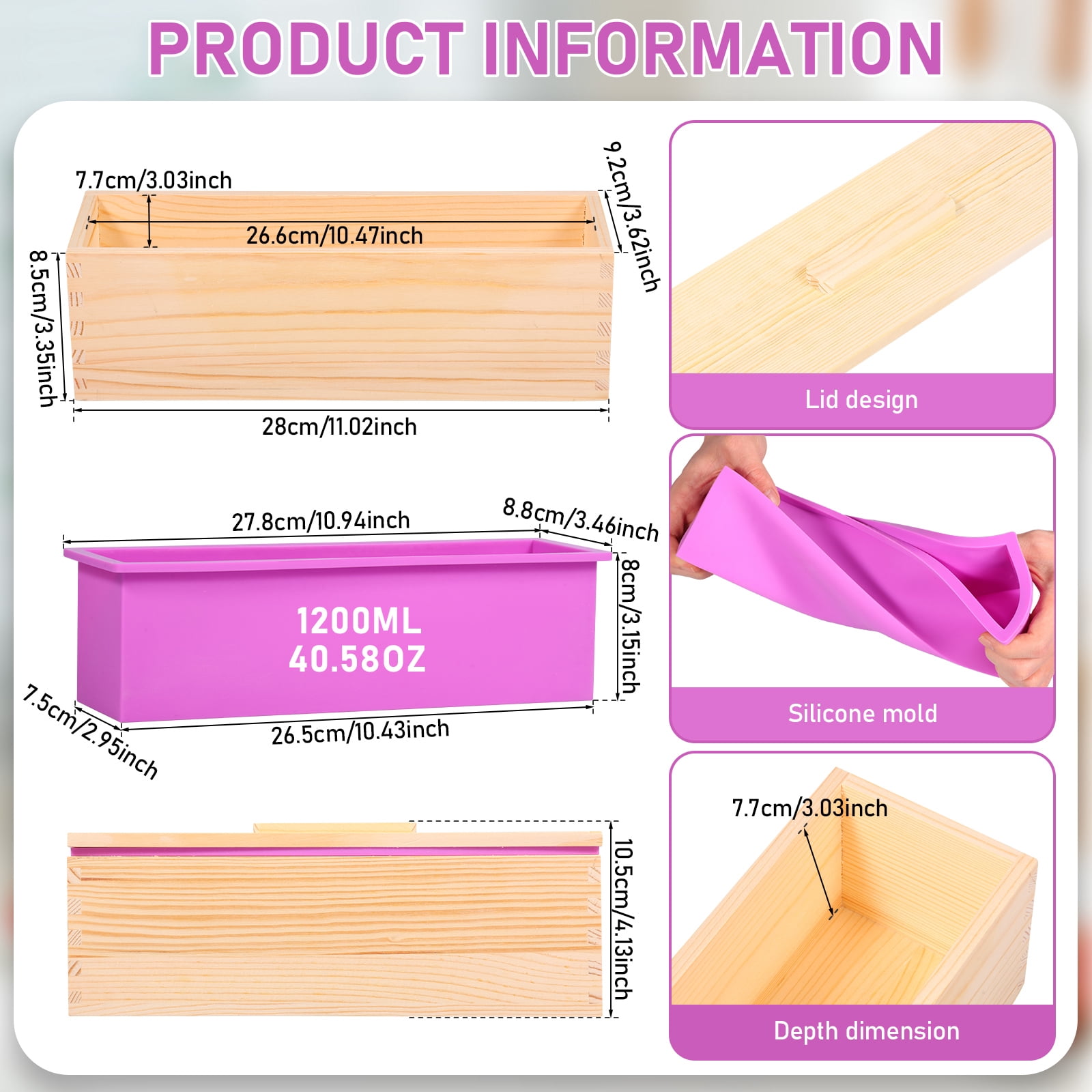 NUAHRHY 2Pcs Soap Loaf Mold, 40.58oz Rectangular Soap Mould Silicone Loaf Soap Moulds with Wooden Box Tray Soap Making Supplies Easy Release for Homemade Craft DIY Tool