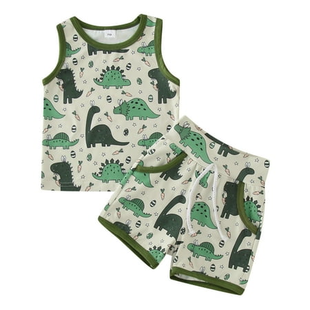 

ZRBYWB Toddler Boy Sleeveless Cartoon Dinosaur Print Tops Vest And Shorts 2PCS Summer Outfits&Set