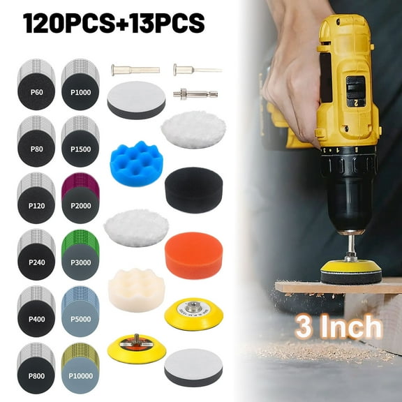 Audessy 133 PCS Sanding Disc Drill Polishing Kit, 3 Inch Wet Dry Headlight Restoration Kit, Hook and Loop Sandpaper Buffing Pads with Rotary Tools for Car Wood Metal Glass Resin Expoxy