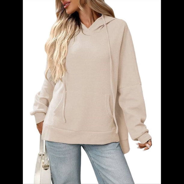 Sudadera con Capucha de Gran Tamaño para Mujer, Informal, de Larga, de Punto, con Cordón Ajustable, Abertura Lateral y Bolsillo Albaricoque L