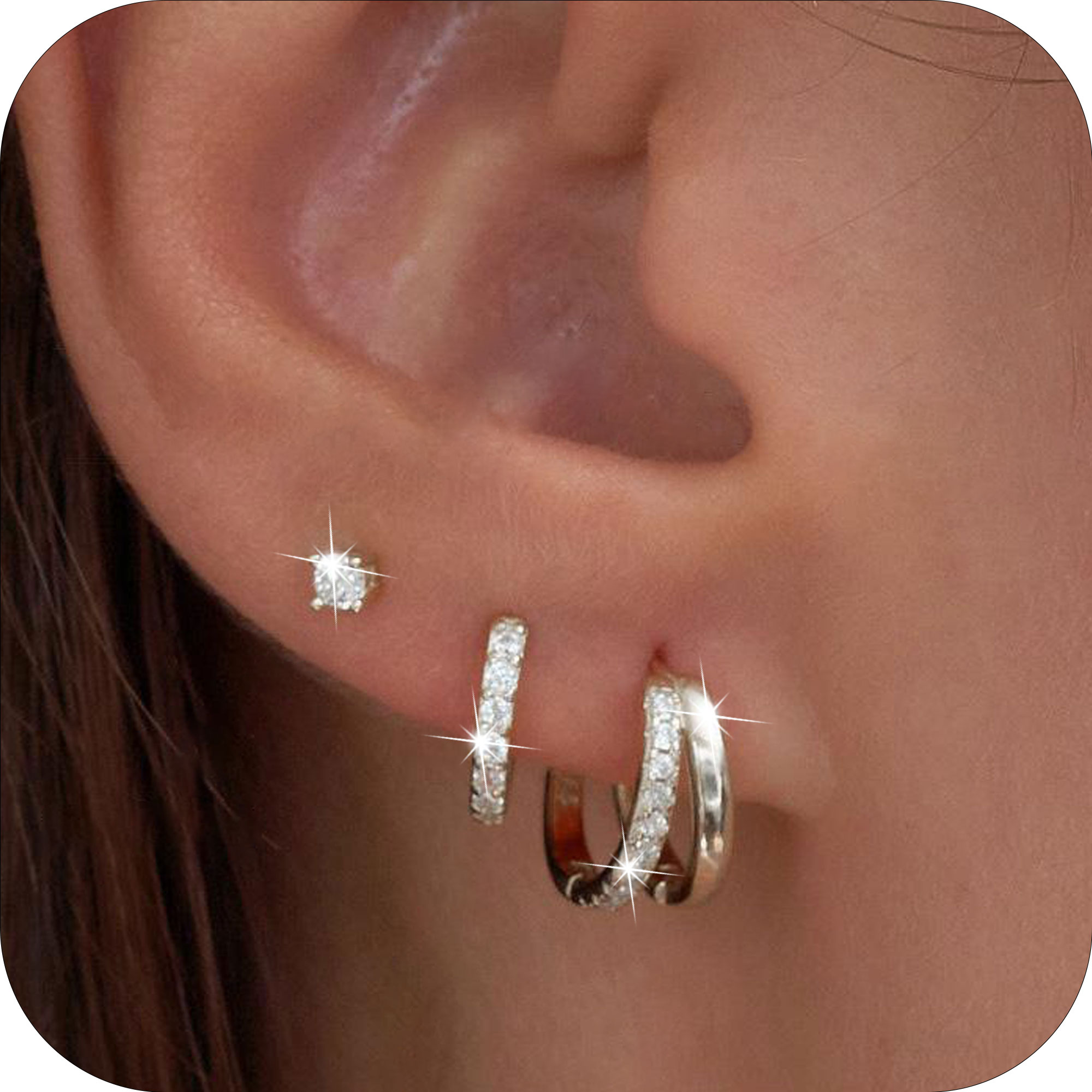 DORANA 3-Pair CZ Hoop and Stud Earring Set