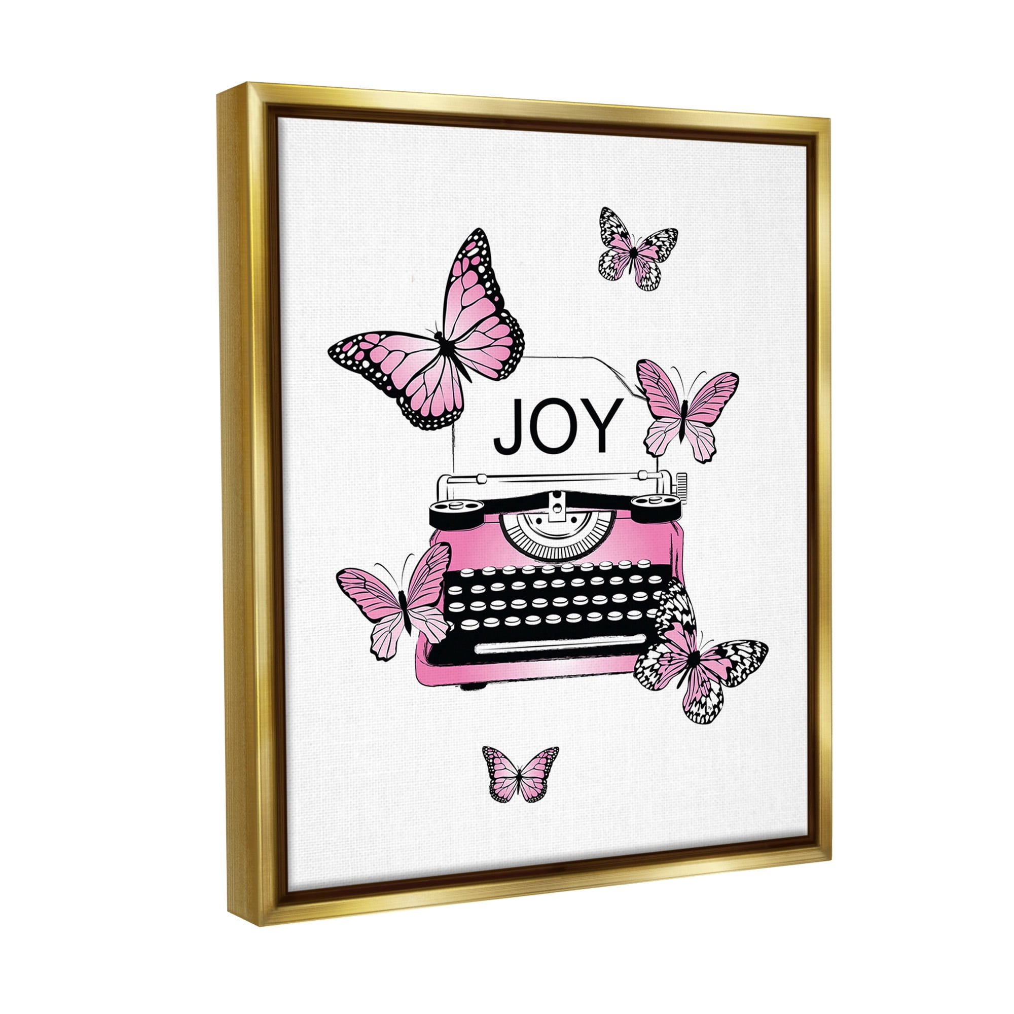 Stupell Industries Typewriter with Joy Animals & Insects Painting Gold Floater Framed Canvas Art Print Wall Art, 17 x 21