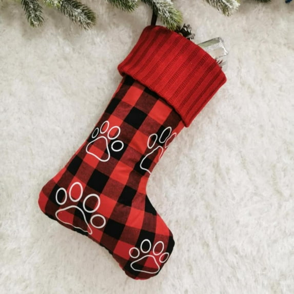Christmas Stockings 3D Paw Print/Snow Flakes Image Holders Kit Flax Socks Tartan Ornament Party Decoration Gift Bags for Family, 3 Colors, 18 inches