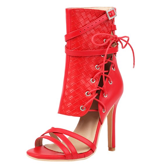 Women's High Top Strappy Dressy Shoes Stiletto Heel Gladiator Sandals Open Toe Summer Mid Calf Boots Red Size 9.5