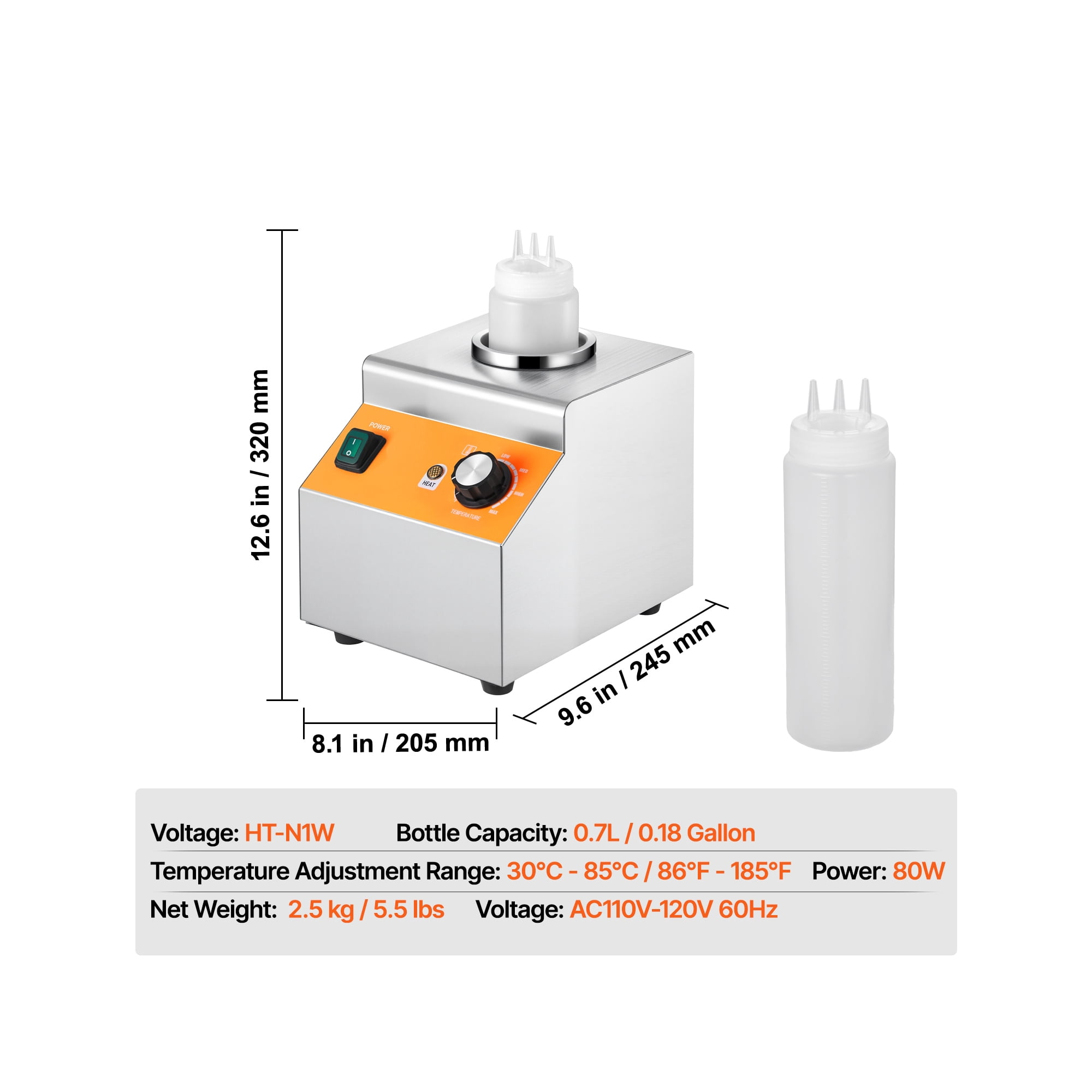 KFFKFF Electric Bottle Warmer with 0.8L Capacity, Adjustable Temperature 86-185℉, Commercial Cheese Dispenser for Nacho Cheese, Hot Fudge, Caramel, and More