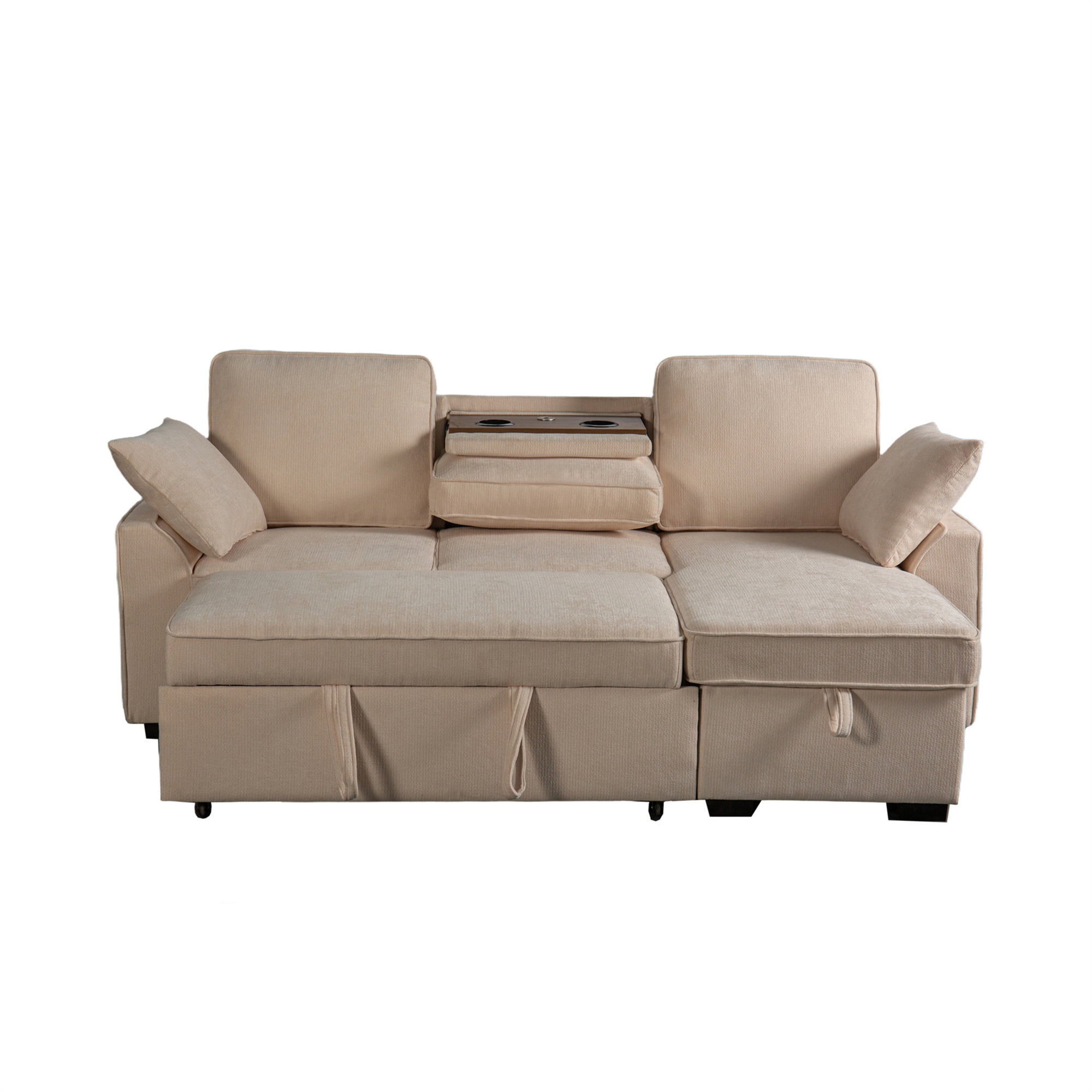 Aukfa 86" L-Shaped Convertible Sectional Sleeper Sofa Bed with USB & Cup Holders Console, Storage Chaise for Living Room, Chenille, Beige