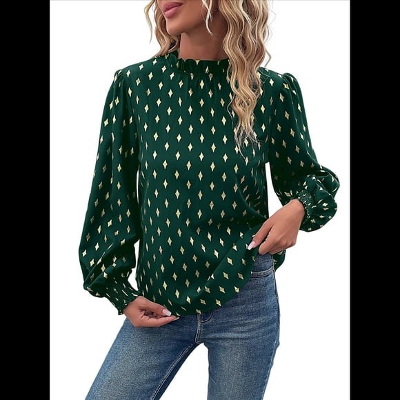 Camisa Informal Holgada de Larga con Estampado en Caliente para Mujer, Cuello Redondo Plisado Verde M