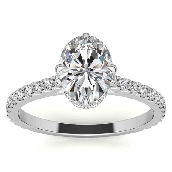 Auory Oval Cut Prong Setting Ring in White Gold Plated Hidden Halo Ring for Women
