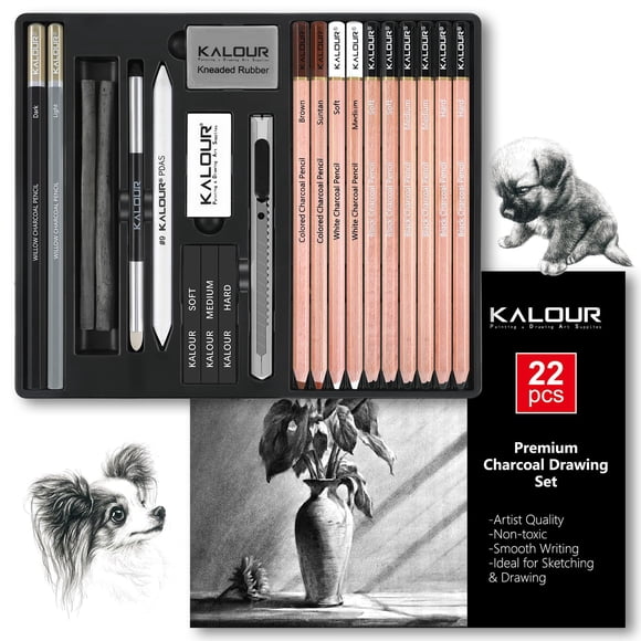 Set de dibujo a carboncillo KALOUR PDAS, 22 piezas, para dibujar y hacer bocetos