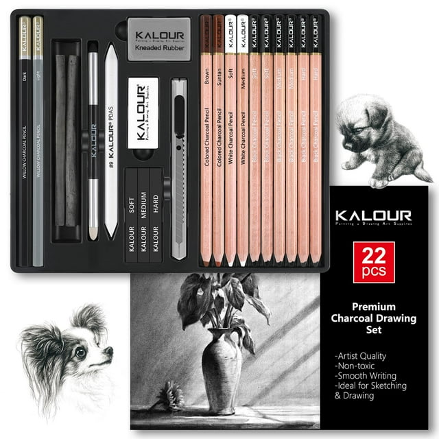 Set de dibujo a carboncillo KALOUR PDAS, 22 piezas, para dibujar y hacer bocetos
