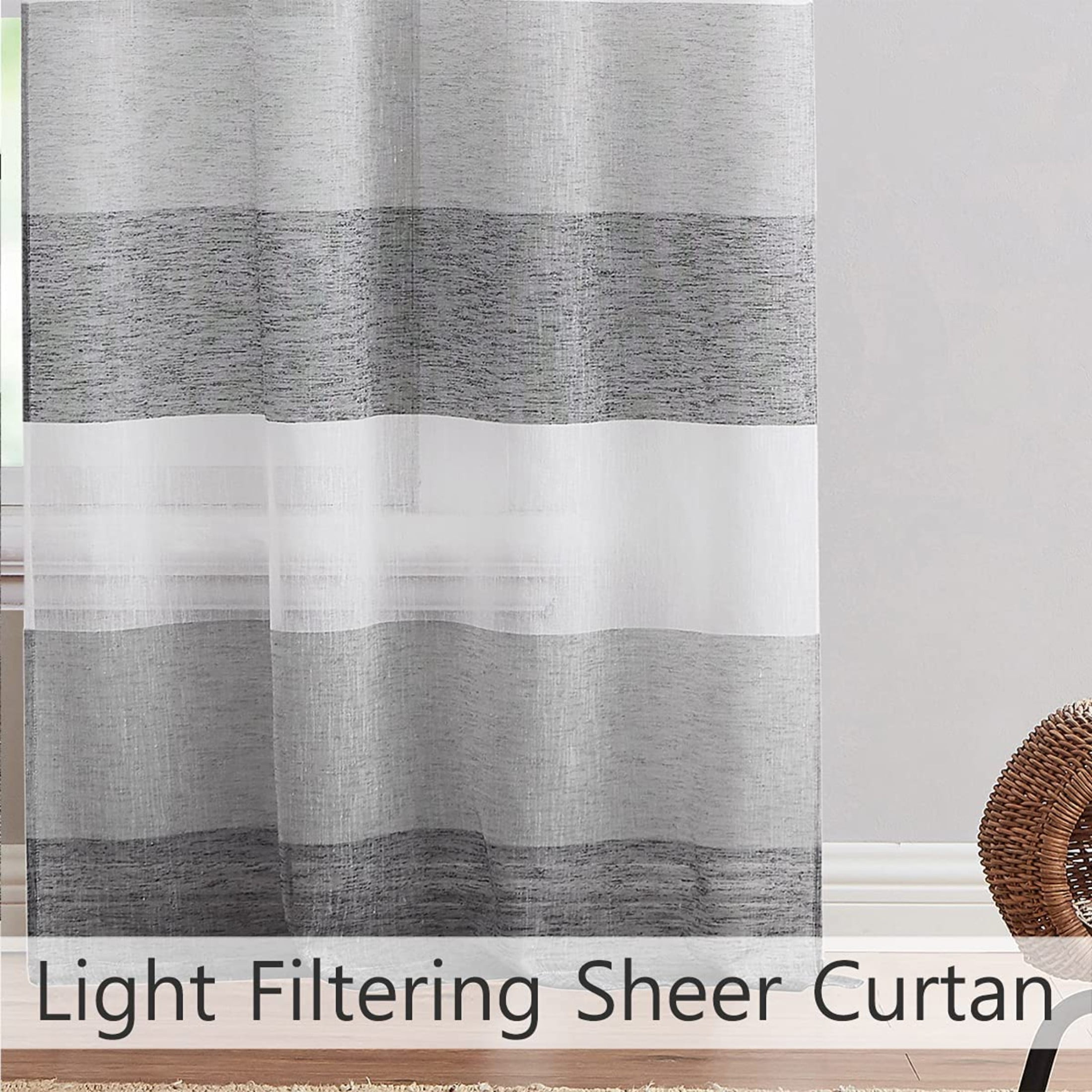 Uptown Home Gray Charcoal Color Block Rustic Window Sheer Curtain Panel for Bedroom/Living Room Linen Texture Farmhouse Drapes, Grommet Top, 40"x84"x2