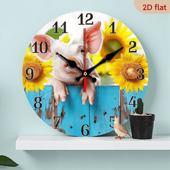2D Flat 1pc 10Inch Wooden Farm Pig Wall Clock, Sunflower Analog Clocks Silent Non Ticking, Battery Operated 10 Inch Decorative for Bedroom Office Kitchen Home Living Room MDF