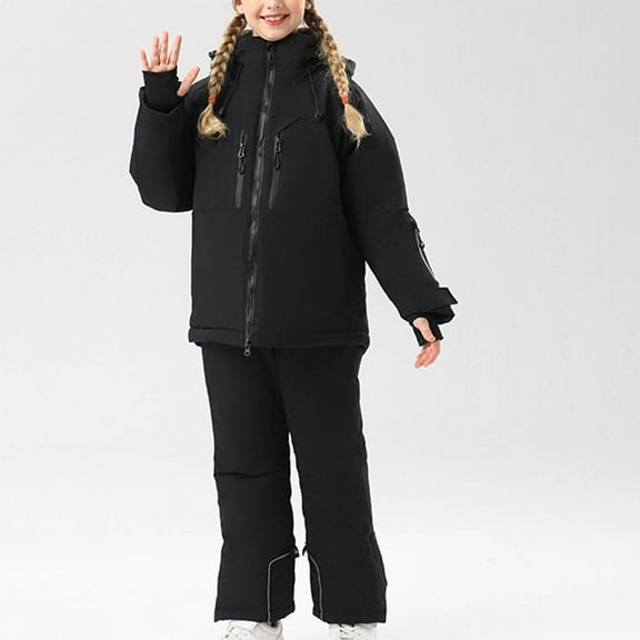 Great Gifts for Less Girls Boys 2 Piece Snowsuit Warm Insulated Ski Jacket & Snow Pants Set Children's Solid Color Ski Suit Windproof Warm Children's Solid Color Skiing Set Black 6 Years（8）