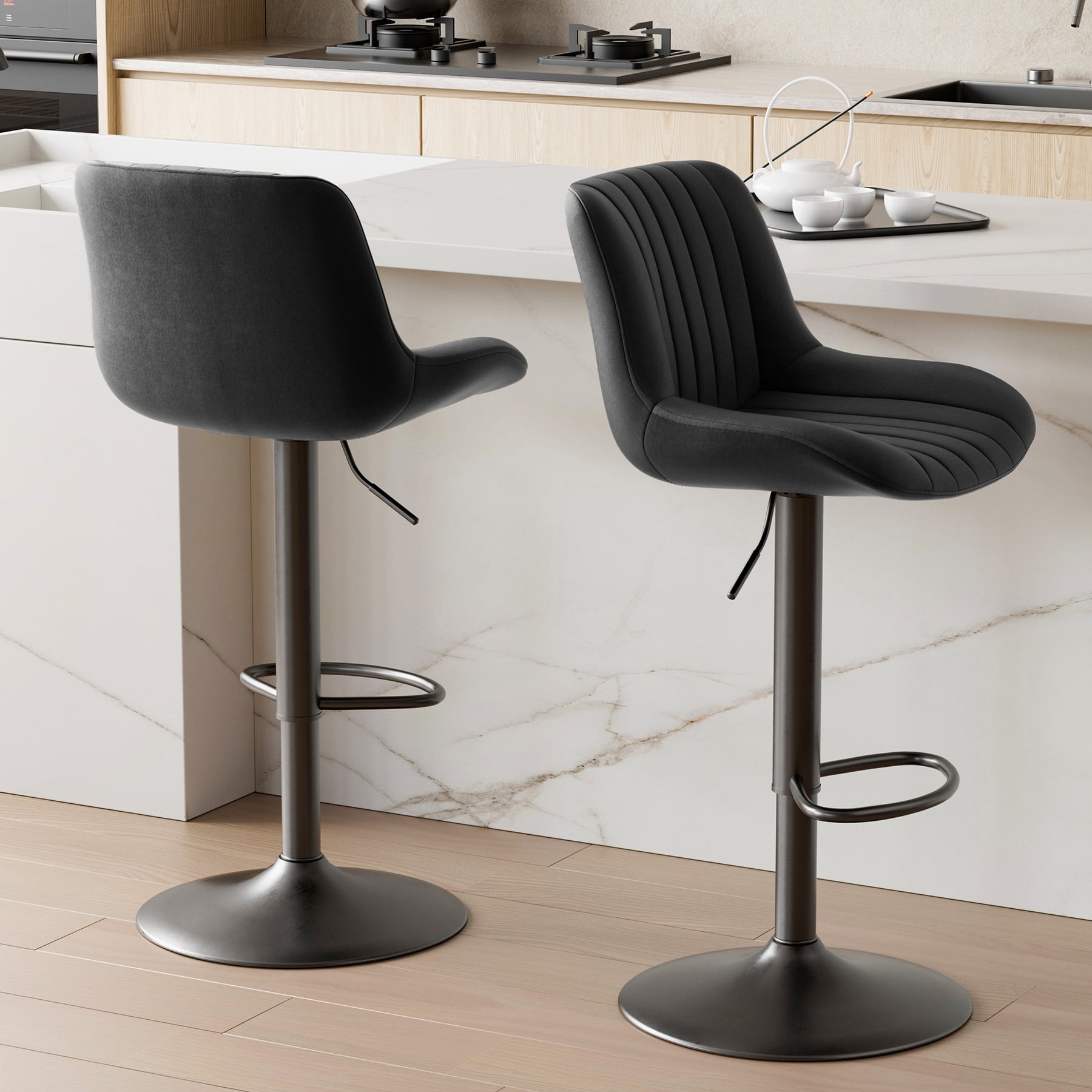 Daluvenix Adjustable Bar Stools Set of 2, Swivel Kitchen Bar Chairs with Back, Modern Tech Fabric Island Chairs for Home Kitchen, Black