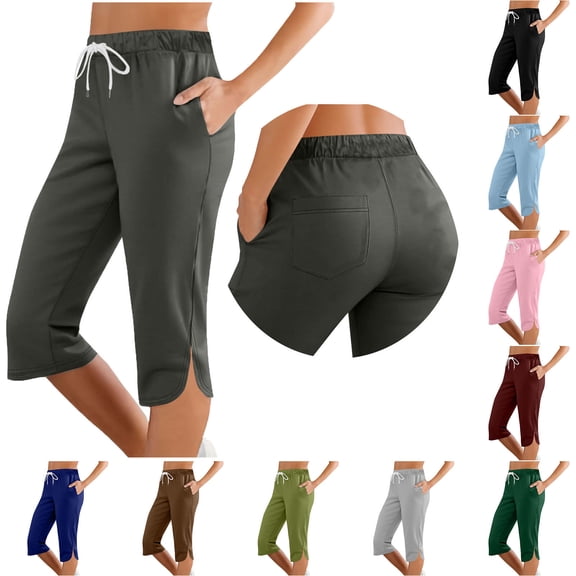 Womens Capri Sweatpants with Pockets Slit Hem Workout Running Jogging Sports Summer Drawstring Capris (XL, Dark Gray)